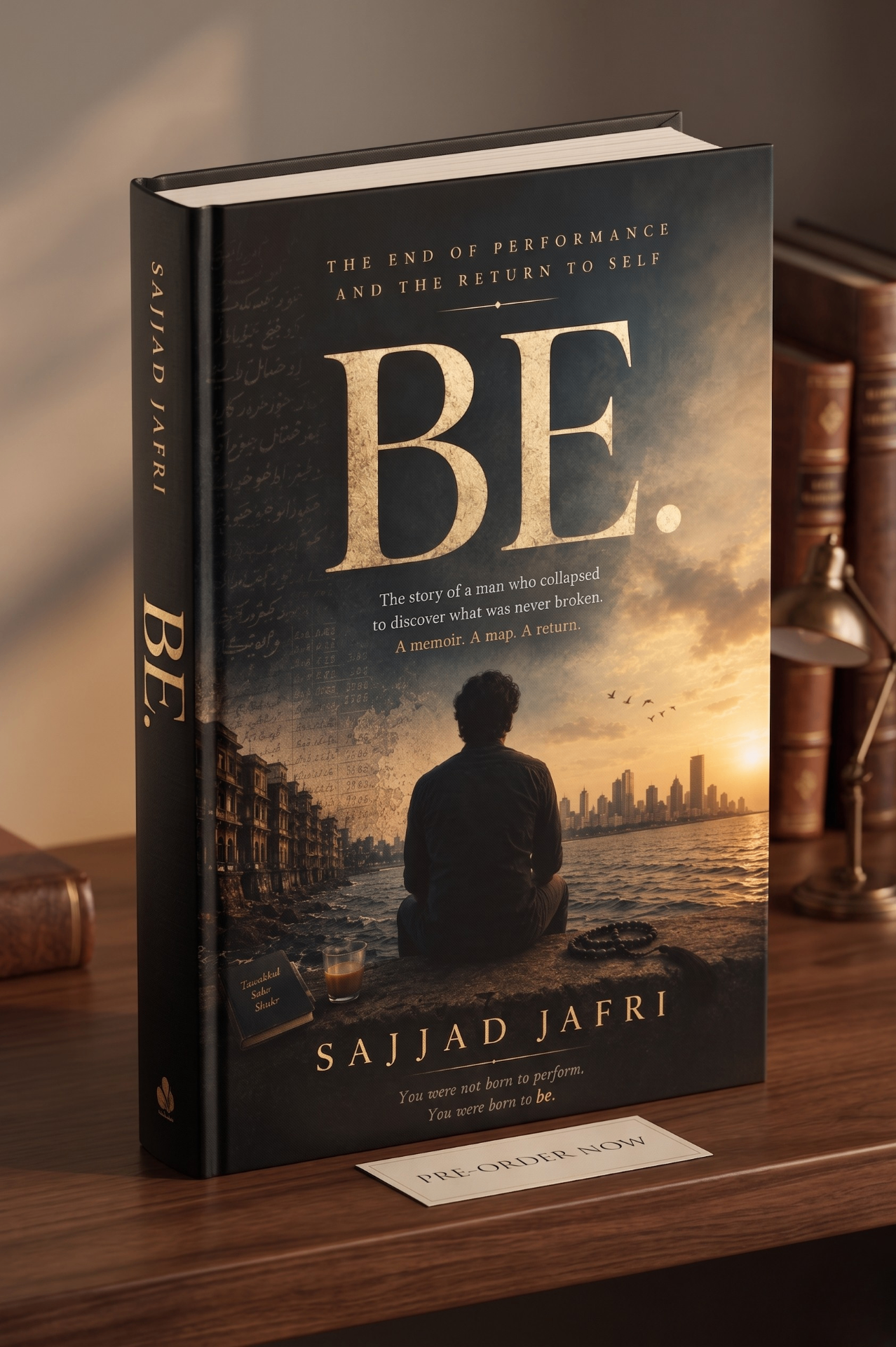 BE by Sajjad Jafri — hardcover book mockup, current cover draft.
